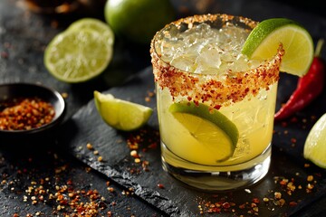 Refreshing spicy margarita served on a slate surface with lime wedges and chili powder for garnish during a vibrant summer evening gathering