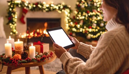 Woman Relaxing on Couch Engrossed in Tablet Enjoying Cozy Indoor Space with Warm Lighting and Comfort