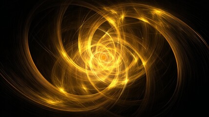 Radiant bright yellow glowing threads forming layered spiral pattern, abstract swirl of digital energy, futuristic light waves, luminous vortex, glowing fiber lines, dynamic motion, technology concept