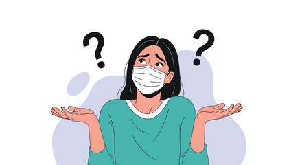 Woman wearing a face mask shrugs with uncertainty surrounded by question marks illustrating confusion about health precautions and public safety measures