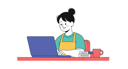 Young woman working productively on her laptop at a desk with a coffee cup nearby illustration