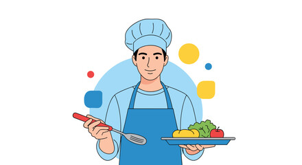 Skilled chef carefully preparing delicious food with fresh ingredients on a white background