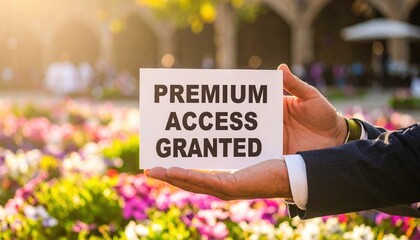 Individual Enthusiastically Holding a Sign Announcing Premium Access Granted in Bright Outdoor Setting