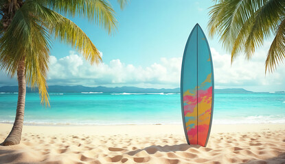 Surfboard on sandy beach with tropical palm trees and sea background
