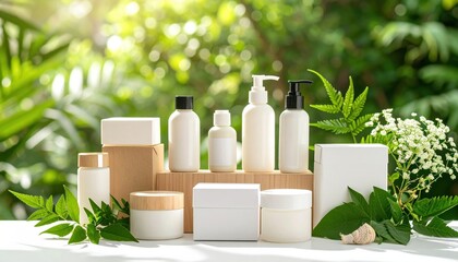 Elegant Arrangement of Black and White Bottles Surrounded by Lush Green Leaves in Natural Setting