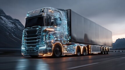 Futuristic Semi Truck Wireframe Design Driving Mountain Road,