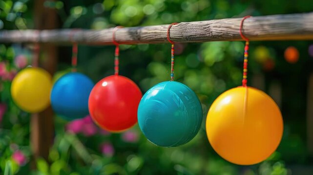 A bunch of colorful balloons hanging from a wooden pole, great for decoration and celebration