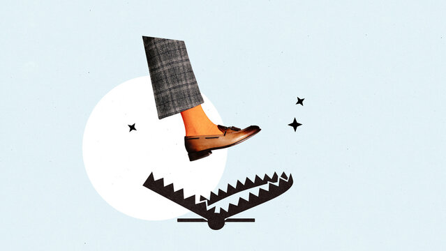 Minimalist pop art collage. Foot in stylish shoe stepping into black bear trap on pale background. Concept of hidden dangers, legal pitfalls, predatory deals and financial fraud.