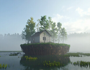 Floating island, mist and surreal landscape: Floating island with lush trees evokes sense of dreamy tranquility, shrouded in soft mist and morning light