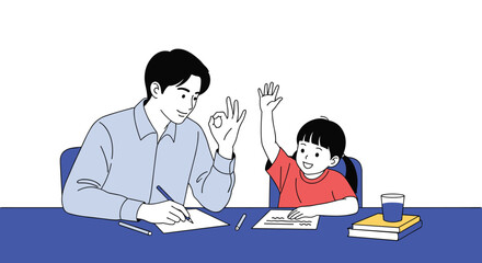 Attentive teacher encourages young student participation during a helpful educational study session with enthusiasm