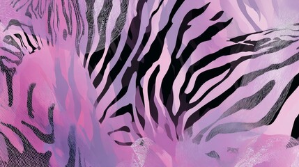 Trendy Y2K zebra print pattern with black animal skin stripes on pastel purple, pink and white gradient background. Retro safari texture with cyber nostalgic vibes for modern aesthetic design