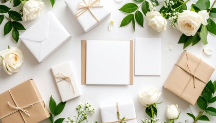 Elegant Arrangement of White Roses and Gift Boxes with Blank Paper Creating a Soft Romantic Mood