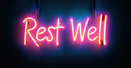 Bright pink neon sign displays Rest Well against dark blue wall. Simple message, inviting calm, peaceful atmosphere.