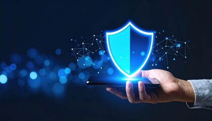 Hand Holding Smartphone Displaying Shield Icon Symbolizing Security Protection and Digital Safety Concept