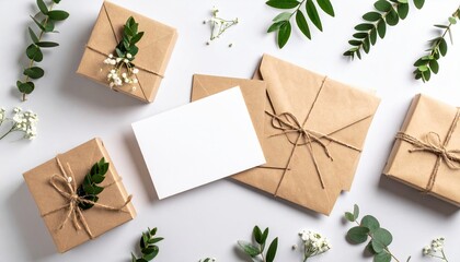 Charming Arrangement of Brown Paper Gift Boxes Adorned with Delicate White Flowers and Lush Green Leaves