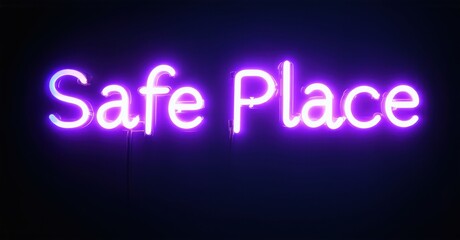 Bright purple neon sign displays words Safe Place against dark background. Simple message evokes feelings security, comfort.