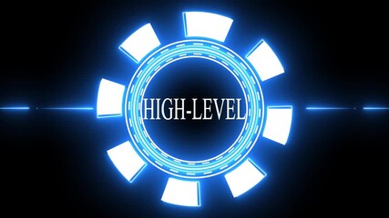 Futuristic Neon Blue Circular HUD Element with the Words High- Level abstract achievement - Powered by Adobe
