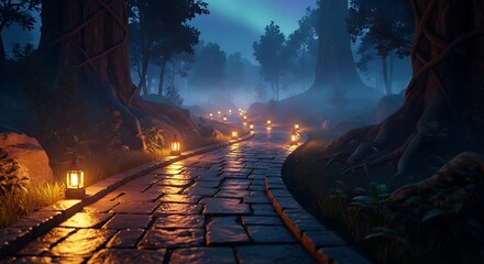 Fototapeta premium Enchanting forest path illuminated by glowing lanterns at twilight