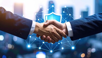 Two Men Engaged in a Firm Handshake with a Shield Icon Symbolizing Trust and Partnership Background