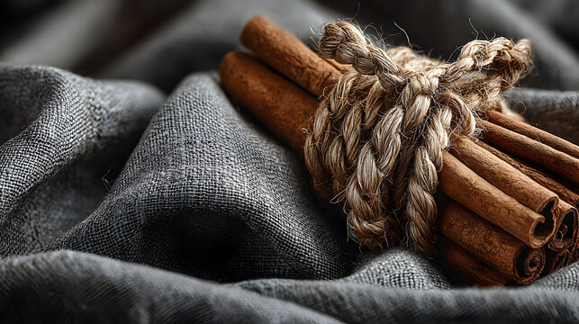 Bundle of cinnamon sticks tied with twine on dark gray fabric.