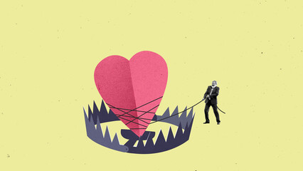 Creative digital artwork. Businessman pulling giant heart caught inside emotional trap. Concept of...