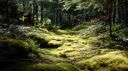 Fototapeta premium A mossy path winds through a dense forest, with green moss covering the ground and trees lining the sides.