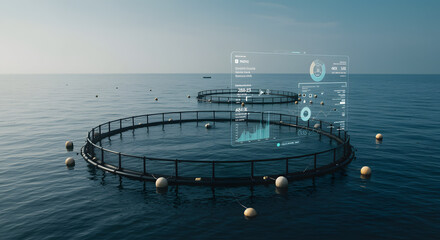 Futuristic Fish Farm Structures in Ocean with Digital Data Overlay
