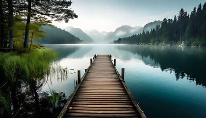 Fototapeta premium Serene lake scene with a wooden dock extending towards misty mountains