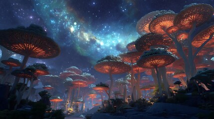 A surreal, otherworldly forest filled with giant, glowing mushrooms under a starry sky.