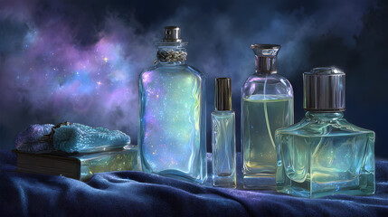 A collection of ethereal glass bottles filled with vibrant, swirling liquids against a mystical backdrop.