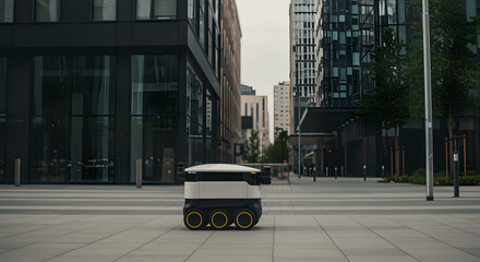 Fototapeta premium Autonomous Delivery Robot Moving Through Modern Urban Cityscape During Daylight
