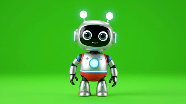 A cute silver robot with glowing lights walking on a green background
