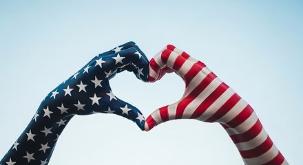 Hands Painted with American Flag Forming a Heart Shape