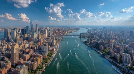 Aerial view of New York City skyline skyscrapers and river boats