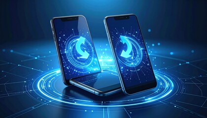 Two Modern Smartphones Displayed on a Vibrant Blue Background Surrounded by a Circular Blue Accent