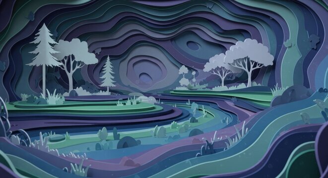 Layered paper cut landscape with trees and river nature