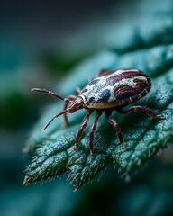 Naklejka premium Close-up of a Harlequin Bug on a Teal Leaf