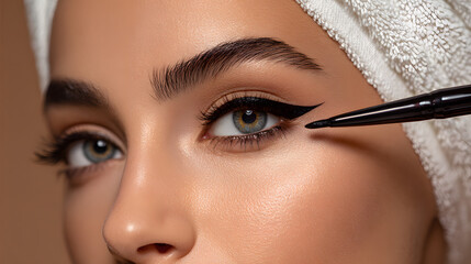 Close-up of a young woman applying eyeliner, showcasing striking blue-green eyes and sleek winged eyeliner.