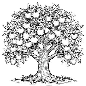 Handdrawn apple tree illustration in a black and white vintage woodcut style laden with fruit.