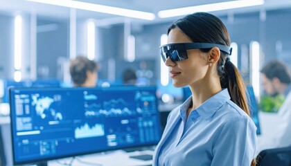 Woman Wearing 3D Glasses in a Bright Room Enjoying a Movie Experience with a Playful Expression