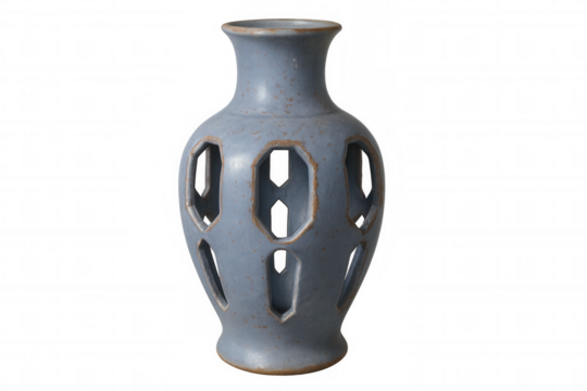 Light blue ceramic vase featuring octagonal openings, isolated on a transparent background, perfect for design projects
