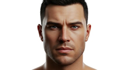 Fototapeta premium Intense gaze of a serious man with furrowed brow expressing determination and focus against a white backdrop