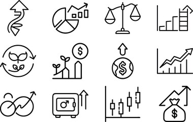 Fototapeta premium Business Finance Growth Icon Set – Money Investment, Stock Market, Economy Analysis, Chart, Arrow Up, Profit and Success Strategy Line Icons Pack for Web, Infographic and Presentation Design