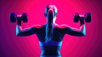 full body shot of woman lifting weights, muscular build, dramatic neon lighting, dark background, high contrast, cinematic, detailed musculature, strong pose, dynamic composition
