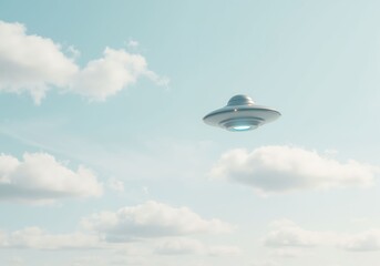 A silver ufo spaceship flying in a blue sky with clouds. Concept for world UFO day and alien contact.