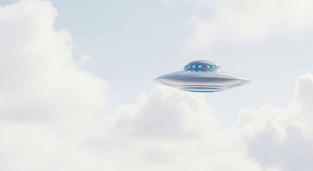 UFO flying through the sky with clouds. Unidentified flying object in an alien saucer shape on a cloudy day. World UFO day concept.
