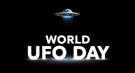 World UFO day concept graphic with flying saucer beaming down light. Alien spaceship design for cosmic phenomenon research.