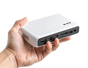 Hand Holding Portable Mini Projector with Multiple Ports Isolated on Transparent Background