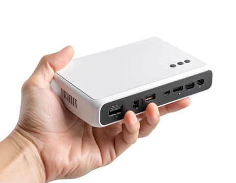Hand Holding Portable Mini Projector with Multiple Ports Isolated on Transparent Background