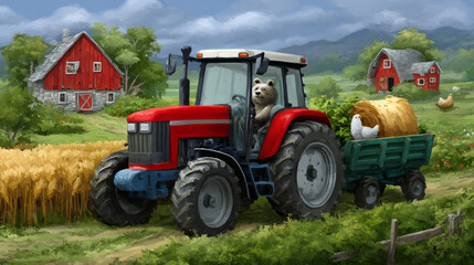 Obraz premium Cartoon Bear Farmer Driving a Red Tractor Pulling Hay Bales in a Scenic Rural Landscape
